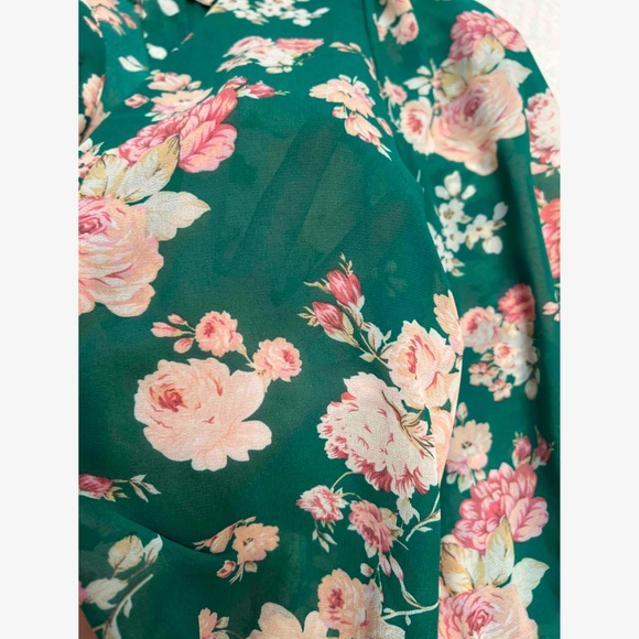 Green Button Down Shirt Long Sleeve Rose Floral Print Pink - Picture 8 of 11